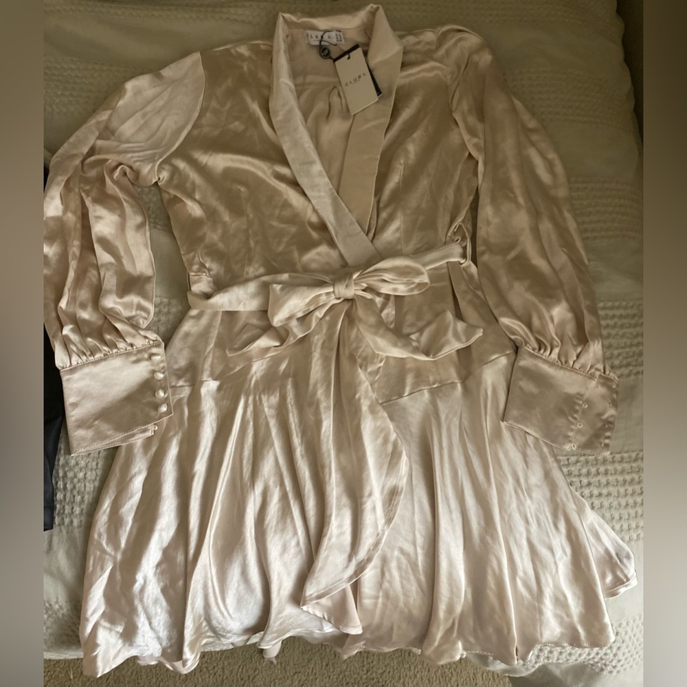 Satin champagne dress with long sleeve and belted wrap
